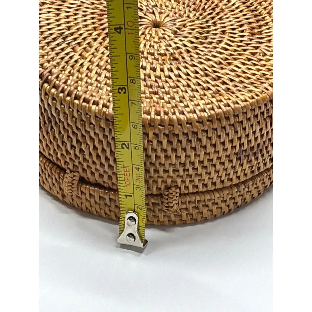 Round Woven Rattan Crossbody‎ Bag Natural Straw Circle Purse with Batik Lining
